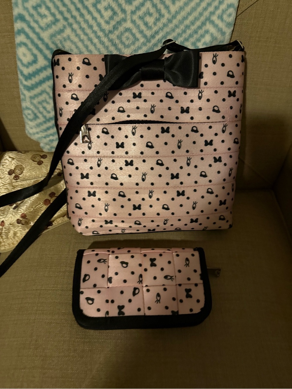 Harveys Pink and Black Bow-Print Crossbody with Matching Wallet